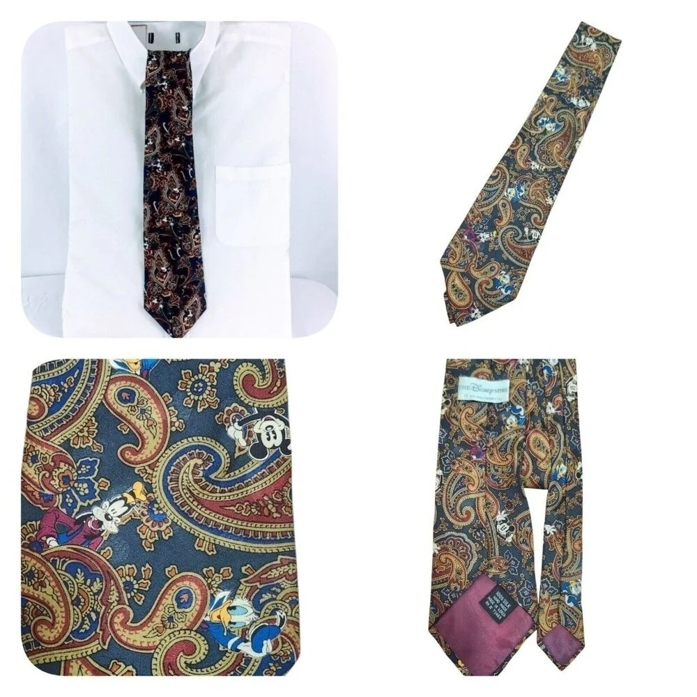 Vintage The Disney Store Mickey Donald Goofy Pluto Paisley Novelty Silk Necktie